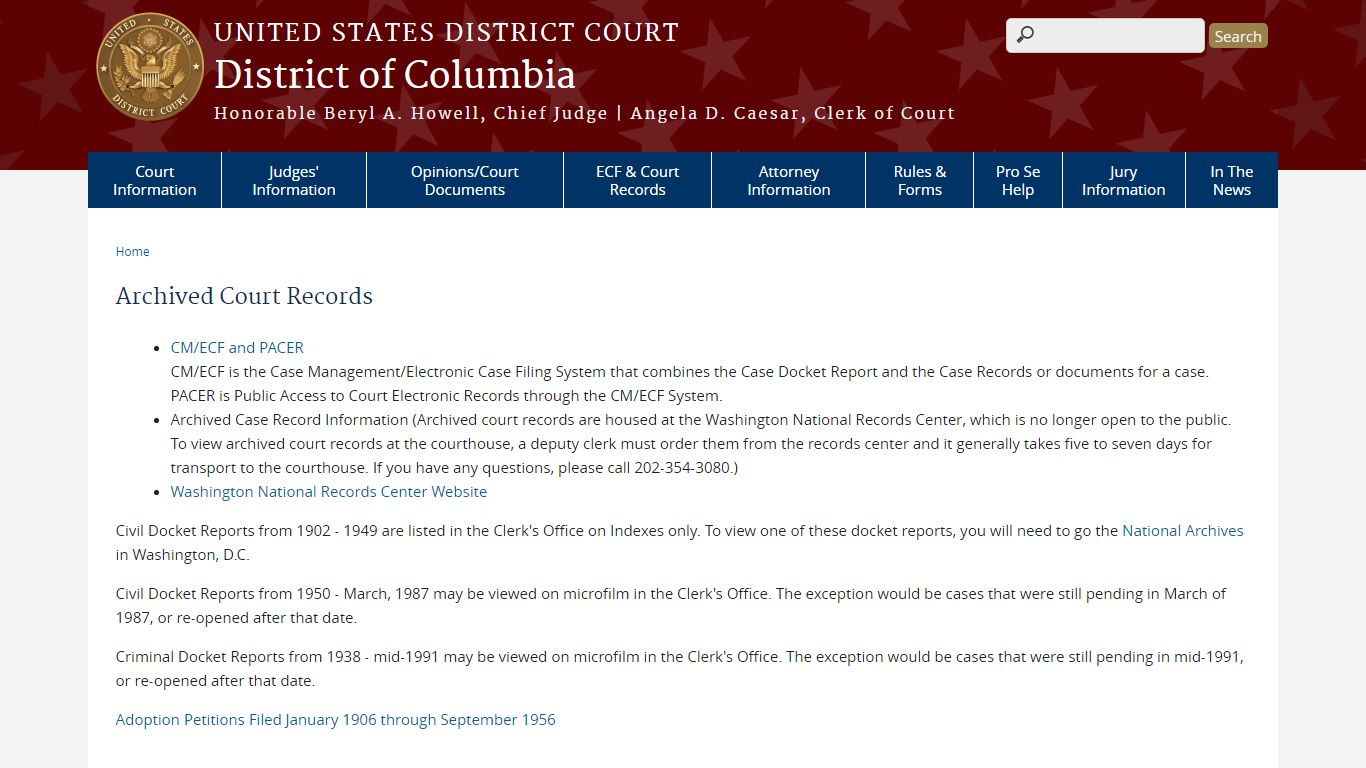 Archived Court Records | District of Columbia | United States District ...